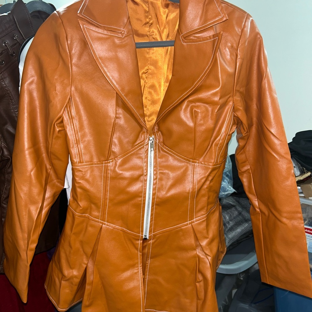 Women's Faux Leather Zip-Front Jacket - Tan
